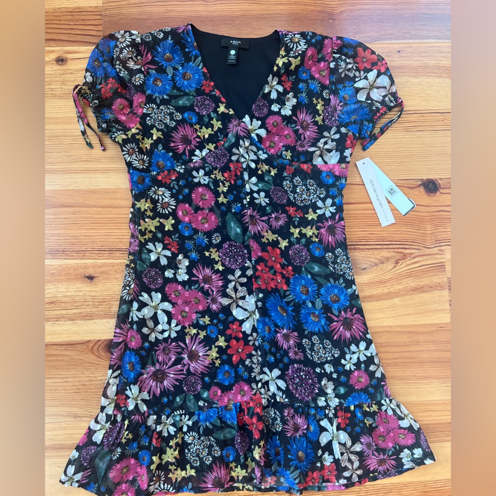 AQUA Girls' Floral Print Tie Sleeve Midi Dress SIZE 10 / 12